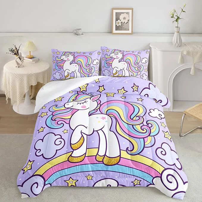 Pure Axolotl Rainbow Unicorn Bedding Set Queen Purple Unicorn Kids Comforter Sets with Stars Cloud for Girls 1 Quilt with 2 Pillowcases for Girls Kids Teens Children Adults Bedroom Decor All Season Flexible