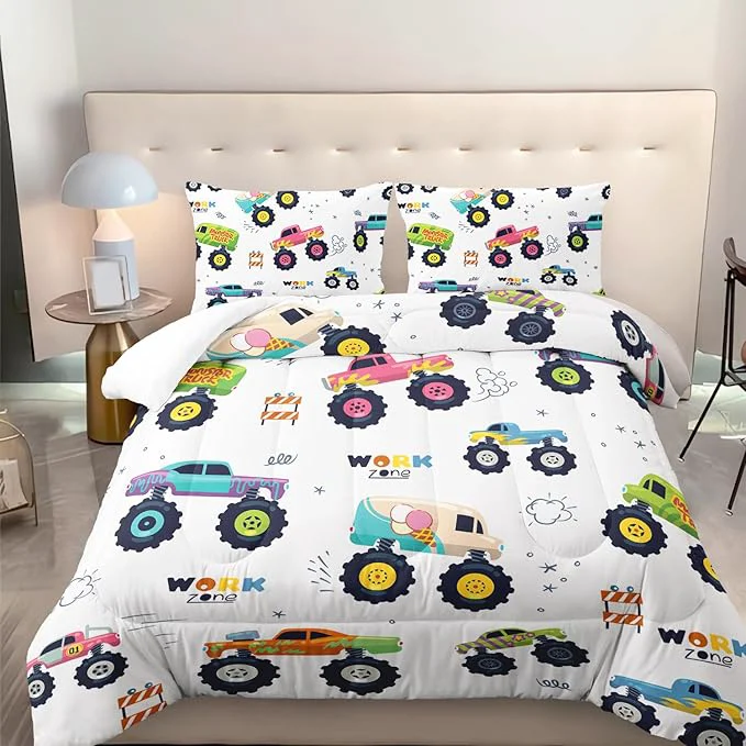 High-End Kids Comforter Set for Boys Cartoon Monster Car 3 Pieces Bedding Set Twin Colorful Off-Road Vehicle All Season Soft Microfiber Down with 2 Pillowcases Professional