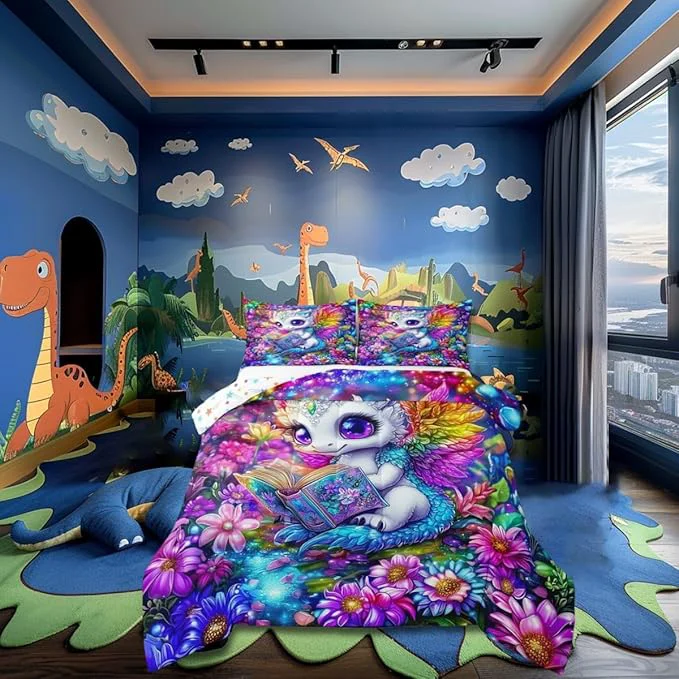 Refined Cartoon Dragon Comforter Set Western Wildlife Animal Bedding Set Kids Teens Modern Decor Watercolor Flowers Comforter with 1 Pillowcase for All Seasons Twin Unique