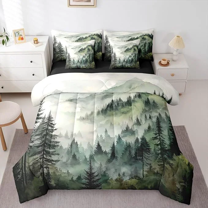 Relaxed Erosebridal Dark Green Misty Forest Twin Bed in A Bag 7 Piece Mountain Foggy Woodland Comforter Set with Sheets Rustic Pine Tree Bedding Sets for Kids Adults Watercolor Nature Theme Bed Set Expertly Made