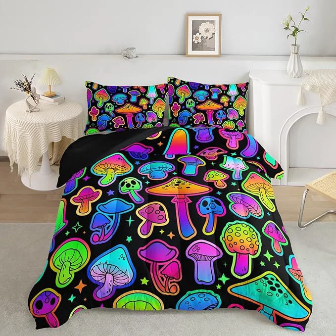 Lightweight Mushroom Comforter Set Kids Bedding Set Twin 3Pcs Colorful Soft Black Gradient Mushroom Quilt Set Bed in A Bag with 1 Comforter 2 Pillowcases for Kids Boys Girls Teens Adults Room Decor All Season Verified