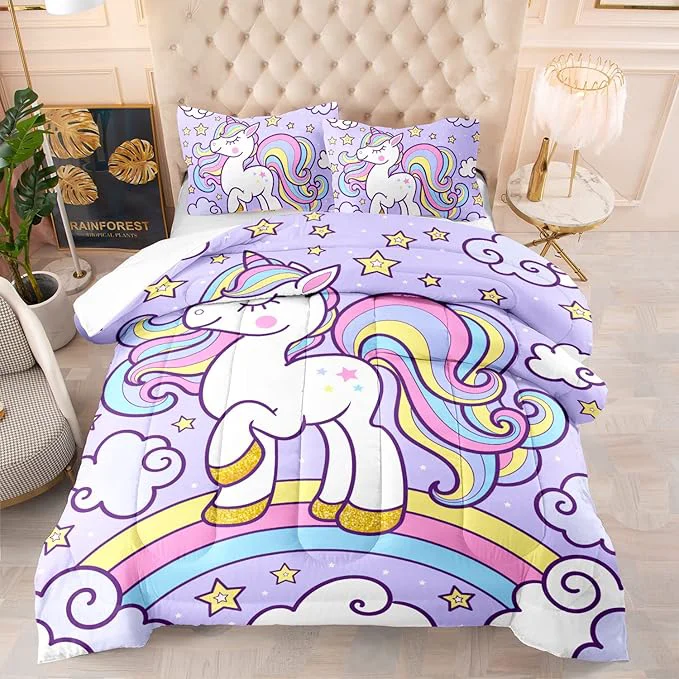 Artisan Axolotl Rainbow Unicorn Bedding Set Twin Purple Unicorn Kids Comforter Sets with Stars Cloud for Girls 1 Quilt with 2 Pillowcases for Girls Kids Teens Children Adults Bedroom Decor All Season High-Quality