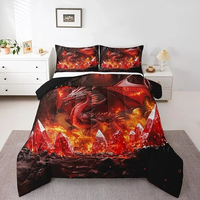 Excellent Castle Fairy Dragon Bed Comforter Set Queen Size Western Fierce Animals Super Soft Microfiber Bedding Set for Adults Men Glowing Flame Dragon Decorative Comforter Set 3 Pcs Durable