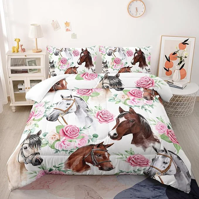Contemporary Horse and Flower Comforter Set for Girls Kids Horse and Floral 3 Piece Bedding Set King Floral Lightweight Comforter Down with 2 Pillowcases All Seasons Professional