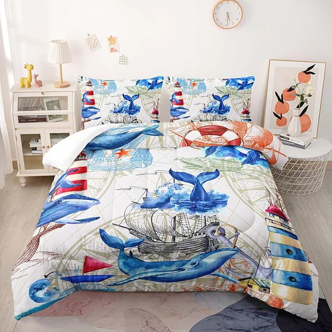 Reliable Nautical Whale Comforter Set Twin Blue Whale Ocean Lighthouse 3 Pieces Bedding Set for Kids Boys Teens Vintage Nautical Map Microfiber Lightweight Quilt Bedroom Decor with 2 Pillow Cases Clean