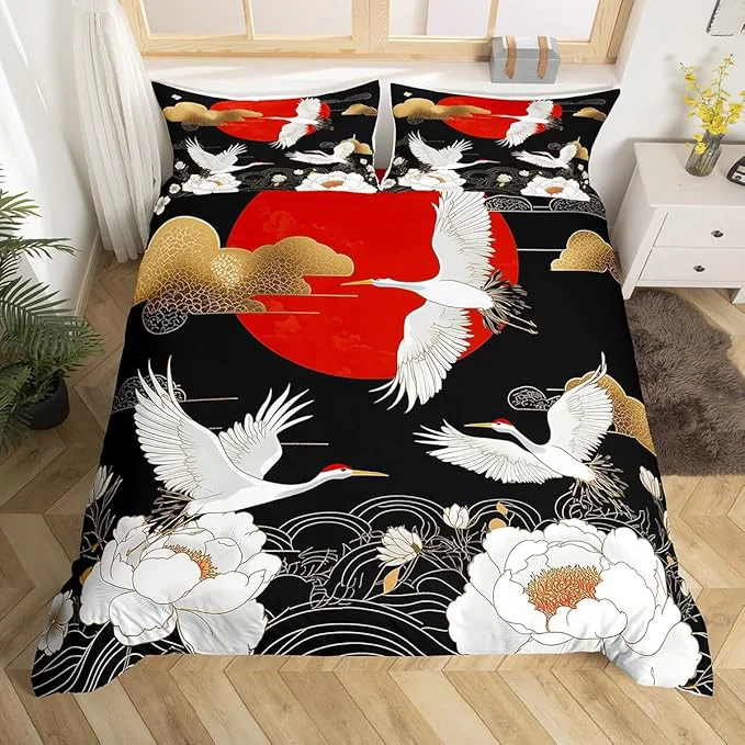 Sophisticated Feelyou Japanese Crane Bedding Set King Size Black Gold Ukiyoe Theme Duvet Cover for Adult Kids Boys Girls Asian Anime Comforter Cover Set Wild Animal Bedspread Cover 3Pcs Zipper Proven