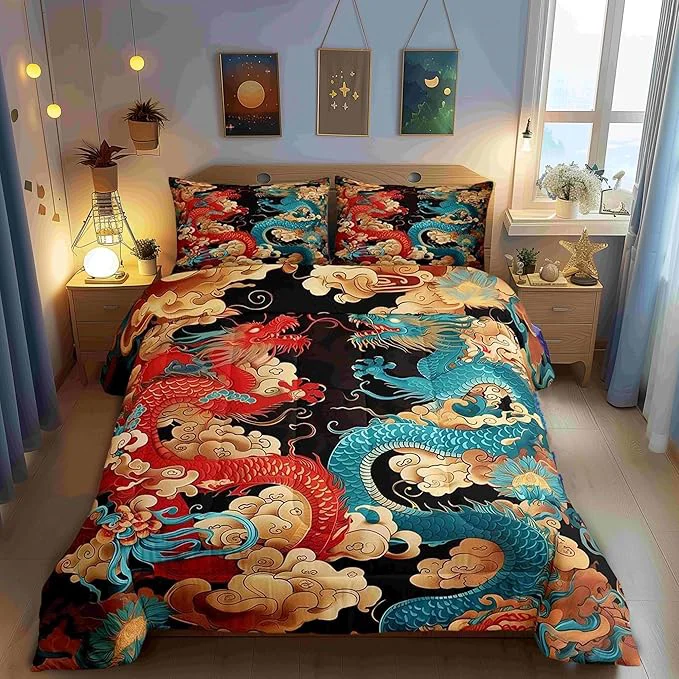 Responsible Castle Fairy Chinese Loong Bed Comforter Set Queen Size Propitious Cloud Super Soft Microfiber Bedding Set for Adults Teens Dragon Exotic Chinese Style Comforter Set 2 Pillowcases Carefully Designed