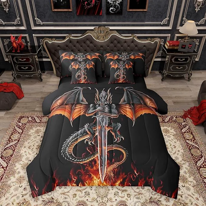 Premium Material Feelyou Medieval Dragon Comforter Set 7 Pieces Twin Size Sword Fire Pattern Bedding Set for Boys Girls Ancient Wildlife Bed in a Bag with Comforter Sheets Pillowcases amp Cushion Covers Effective