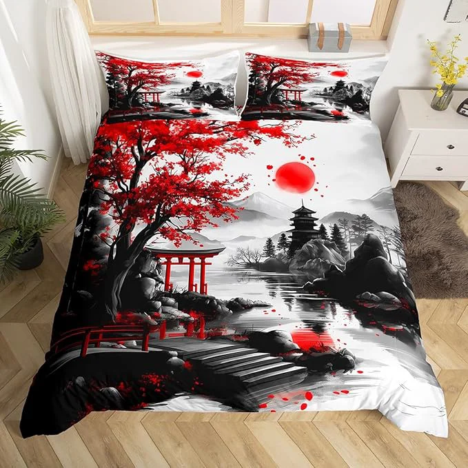 Luxury Feelyou Japanese Style Bedding Set Twin Size Cherry Blossom Duvet Cover for Adult Kids Boys Girls Watercolor Comforter Cover Set Natural Landscape Bedspread Cover 2Pcs Zipper Quality