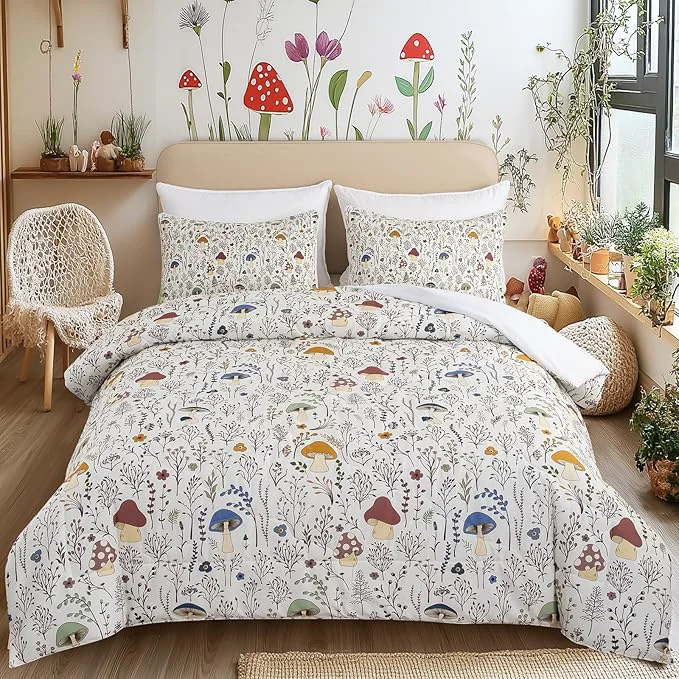 Long-Lasting SOULZZZ Mushroom Comforter Set 3 Piece Colorful Mushrooms Decor Queen Bedding with Plants and Flowers Aesthetic Cute Mushrooms Room Decor Comforter for Kids Adults Boys Girls Queen Cream Original Design