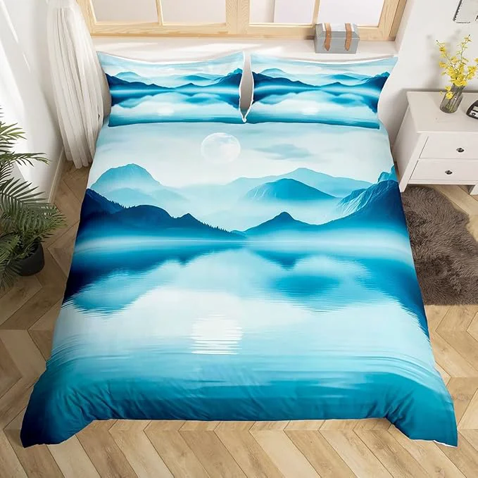 Secure Feelyou Smoky Mountain Bedding Set Twin Size Foggy Scenic Duvet Cover for Adult Kids Boys Girls Teal Blue Comforter Cover Set Natural Landscape Bedspread Cover 2Pcs Zipper Elite