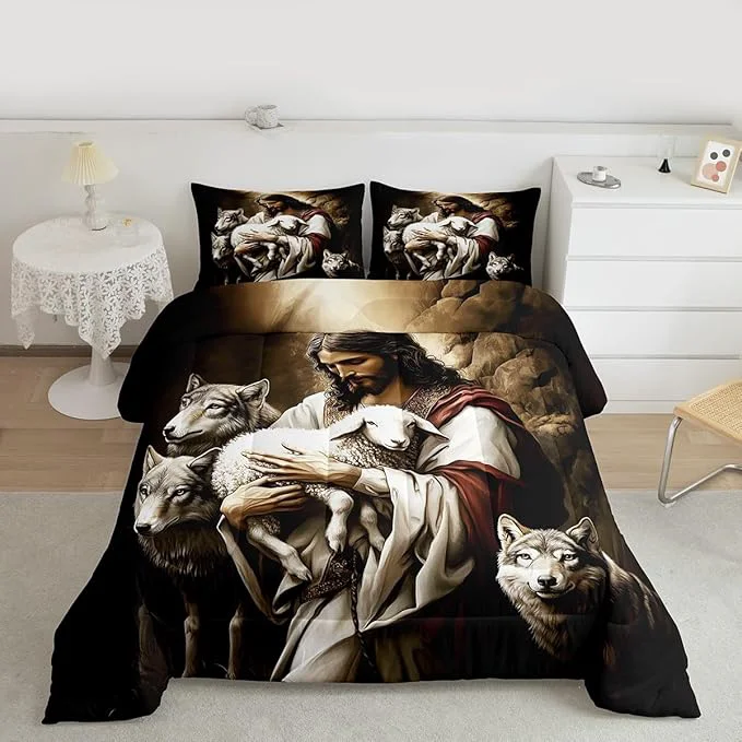 Functional Castle Fairy Sheep and Wolf Kids Comforter Set Wildlife Animals Bedding Set All Season Rustic Farmhouse Comforter 2 Pcs with 1 Pillowcase Toddler Size Durable
