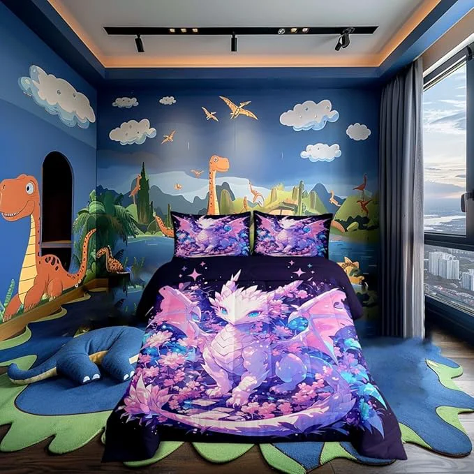 Clean Castle Fairy Kids Dragon Kids Comforter Set Cartoon Dragon Wildlife Bedding Set All Season Watercolor Flower Comforter 2 Pcs with 1 Pillowcase Toddler Size Practical
