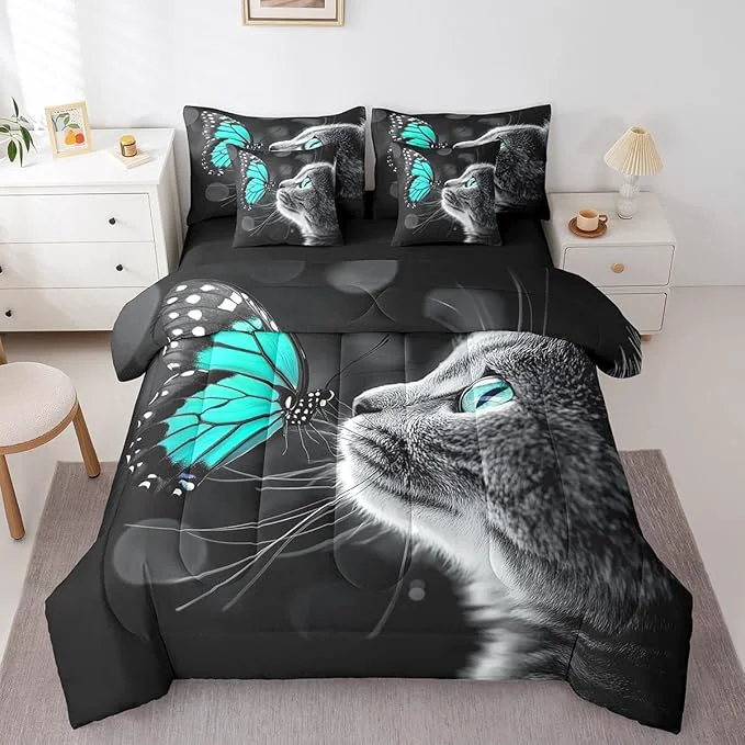 First-Class Feelyou Cute Cat Comforter Set 7 Pieces King Size Butterfly Bedding Set for Boys Girls Kawaii Pet Kitten Bed in a Bag with Comforter Sheets Pillowcases amp Cushion Covers World-Class