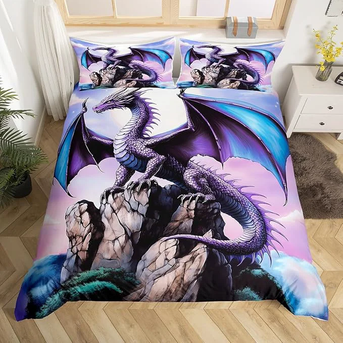 Environmentally Friendly Feelyou Dragon Bedding Duvet Cover Set Twin Size 3D Dragon Theme Bedding Set Decor Ancient Wildlife Dragon Deep Animal al World Scale Comforter Cover Set Purple Bedspread Cover No Comforter Effective