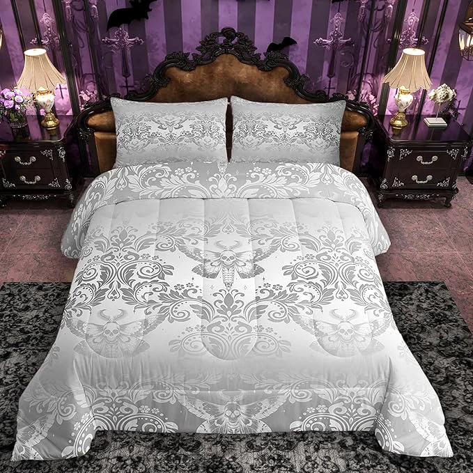 Convenient Feelyou Adults Silver Vintage Damask Floral Comforter Set Oriental Antique Comforter King Size Gothic Bohemia Boho Flower Bedding Set Gothic Skull Duvet Set Quilt Set 3Pcs Refined