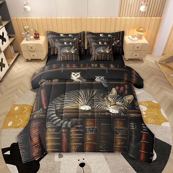 Trendy Feelyou Vintage Library Comforter Set 7 Pieces King Size Book Cat Bedding Set for Boys Girls Cute Bookshelf Bed in a Bag with Comforter Sheets Pillowcases amp Cushion Covers First-Class