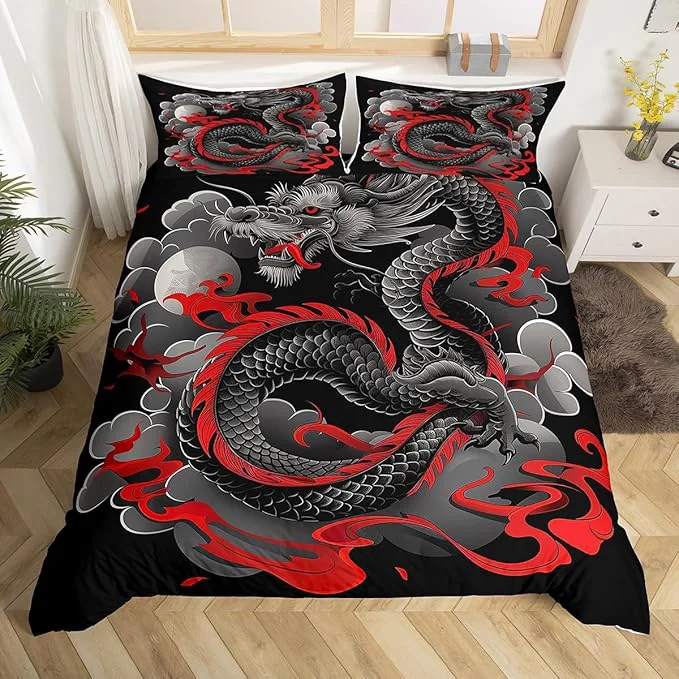 Environmentally Friendly Feelyou Dragon Bedding Set Twin Size Kids Japanese Ukiyoe Comforter Cover Set Japanese Style 3D Dragon Anime Ancient Wildlife Sun Duvet Cover Black Bedspread Cover Room Decor Quilt Cover No Comforter Modern