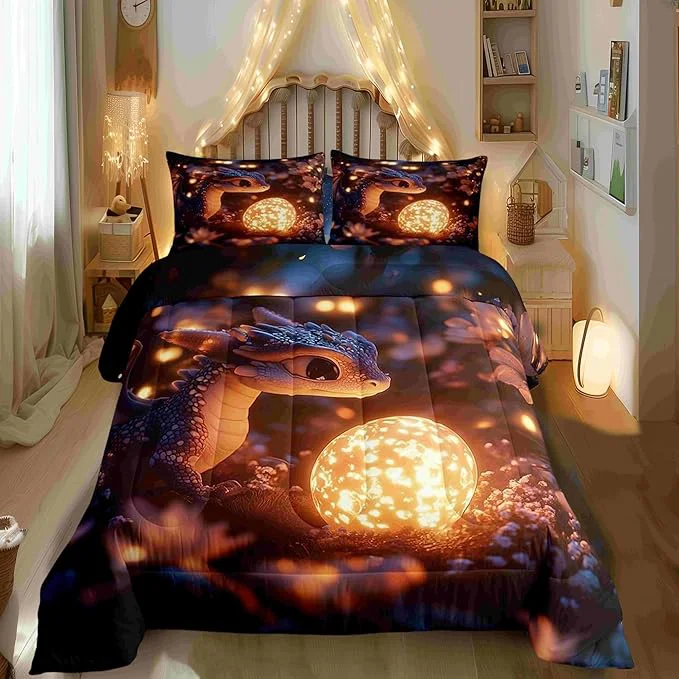 Eco-Friendly Cartoon Dragon Kids Comforter Set Cute Dragon Egg Bedding Set All Season Mysterious Wild Animals Comforter 2 Pcs with 1 Pillowcase Toddler Size Natural