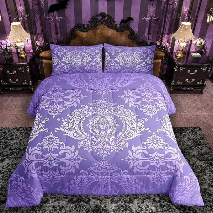 Breathable Feelyou Adults Purple Vintage Damask Floral Comforter Set Oriental Antique Comforter King Size Gothic Bohemia Boho Flower Bedding Set Bohemian Exotic Duvet Set Quilt Set 3Pcs Efficient