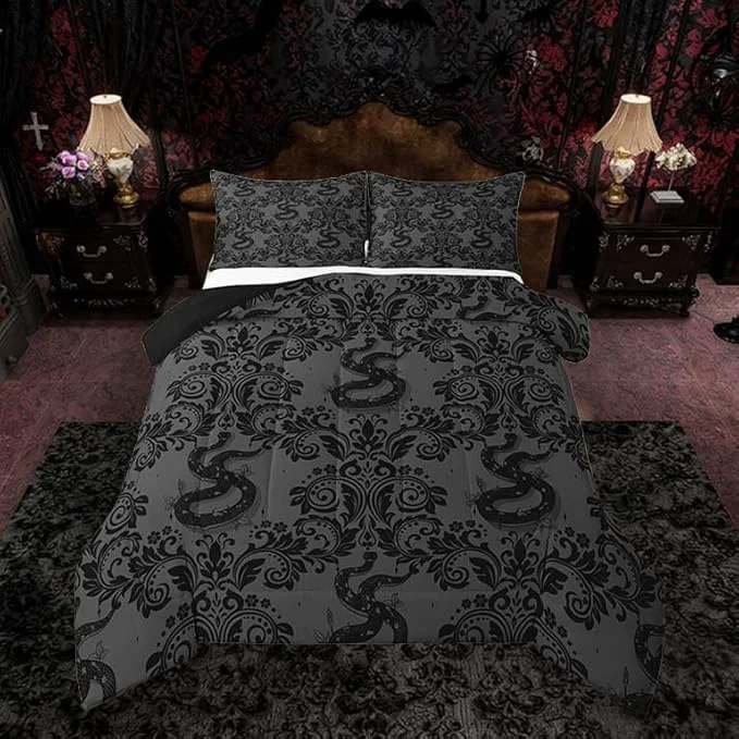 Easy-to-Use Feelyou Adults Gothic Bedding Set Soft for Boys Girls Dark Olive Green Damask Comforter Set Full Size Snake Duvet Quilt Microfiber Bedroom Decor 3 Pcs with 2 Pillow Cases Optimized