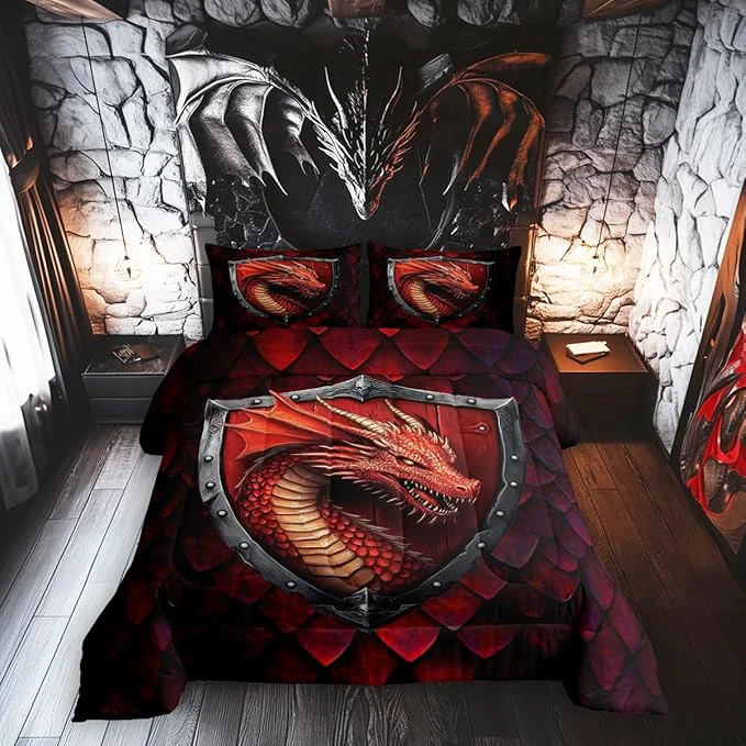 Certified Castle Fairy Dragon Comforter Set Toddler Size 2 Pcs Dragon Scales Bedding Set Western Fierce Animals Quilt Set for Child Bedroom Duvet Insert 1 Pillowcase Proven