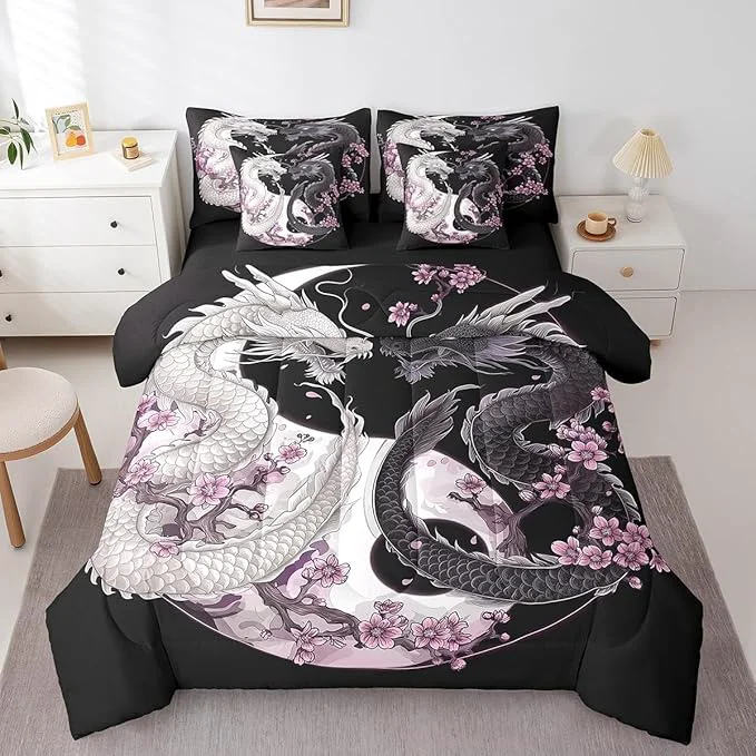 Original Design Feelyou Dragon Comforter Set 7 Pieces King Size Yin Yang Cherry Flower Bedding Set for Boys Girls Wildlife Bed in a Bag with Comforter Sheets Pillowcases amp Cushion Covers High-Grade