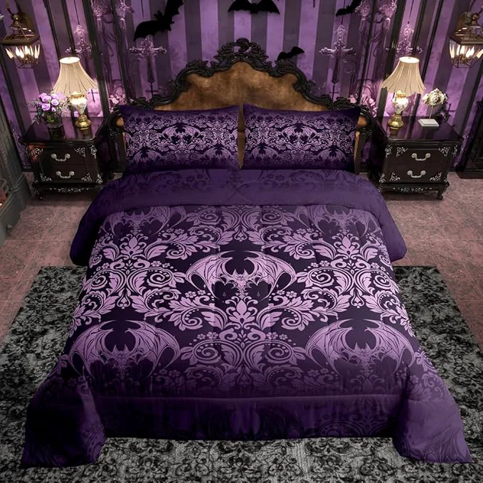 Solid Feelyou Gothic Damask Print Comforter Set Queen Size Purple Goth Bat Victorian Floral Bedding Set for KidsBoho Bohemian Exotic Duvet Quilt Bedroom Decor Microfiber 3 Pcs with 2 Pillow Cases Enhanced
