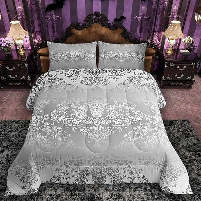 Lightweight Feelyou Adults Silver Vintage Damask Floral Comforter Set Oriental Antique Comforter King Size Gothic Bohemia Boho Bedding Set Exotic Sugar Skull Duvet Set Quilt Set 3Pcs Consistent