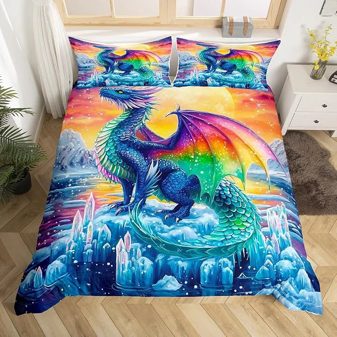 Unique Feelyou Dragon Bedding Duvet Cover Set Toddler Size 3D Dragon Theme Bedding Set Boys Decor Ancient Wildlife Dragon Deep Animal Scale Ice Comforter Cover Set Colorful Bedspread Cover No Comforter Official