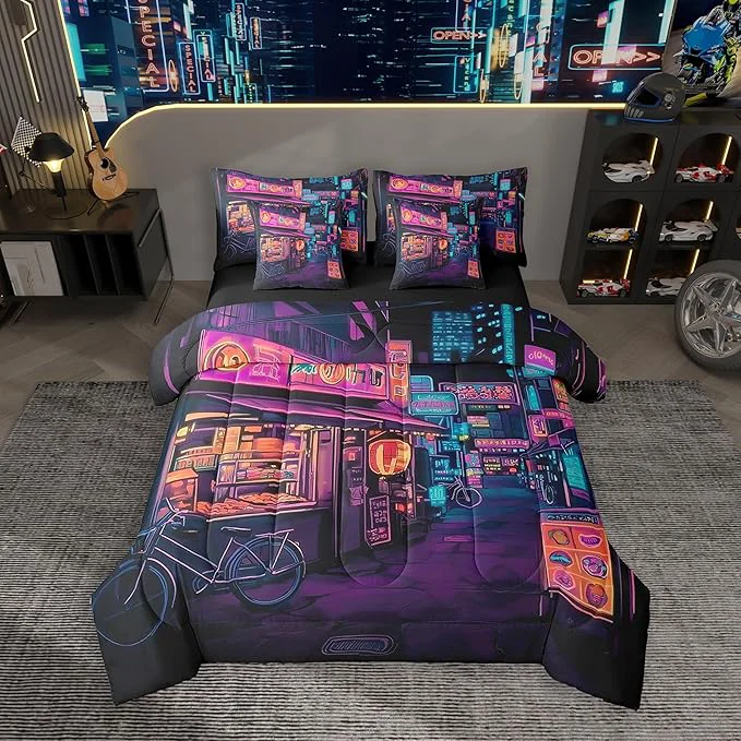Fast Feelyou Japan Art Comforter Set 7 Pieces Twin Size Tokyo Anime Bedding Set for Boys Girls Japanese Night City Bed in a Bag with Comforter Sheets Pillowcases amp Cushion Covers Healthy