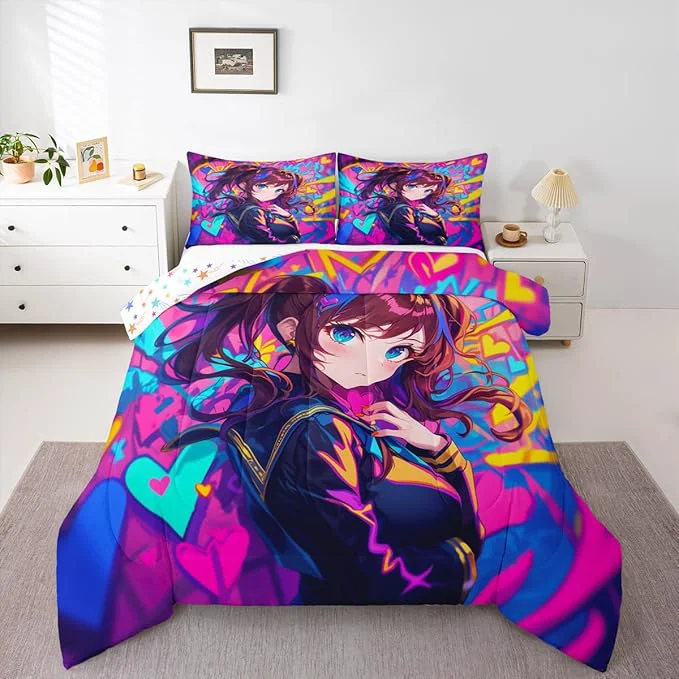 Outstanding Erosebridal Anime Girl King Comforter Set Japanese Anime Bedding Set for Kids Girls Teens Adult Bedroom Cartoon Girl Bedding Comforter Sets Kawaii Japanese Animation Quilt 3 Piece Purple Excellent