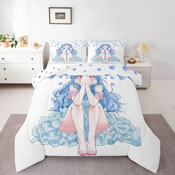 Excellent Erosebridal Blue Girly Anime Kids Down Comforter Full Cute Cartoon Girl Comforter Set Romantic Aesthetic Bedding Set Kawaii Watercolor Love Heart Quilt Set 2 Pillow Cases Comfortable