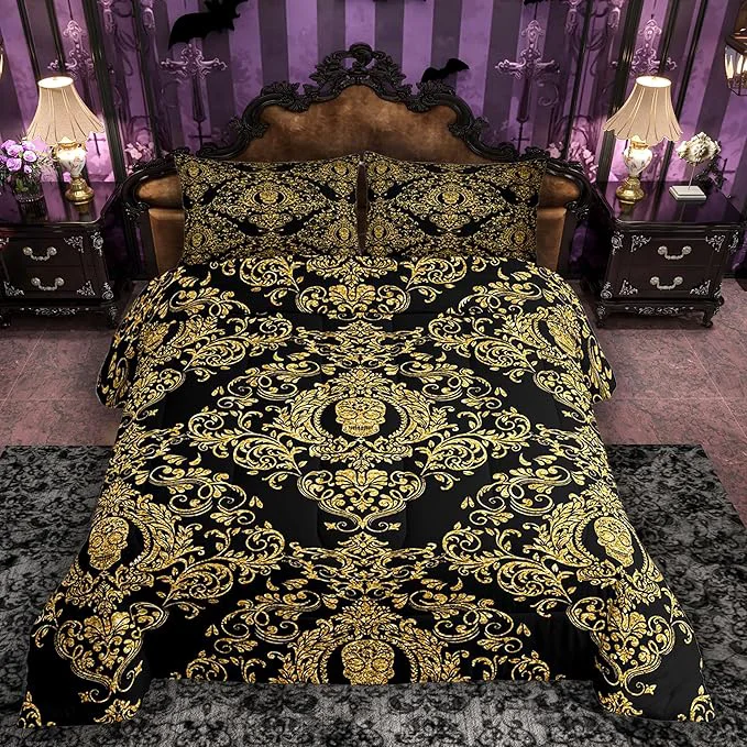Green Feelyou Adults Golden Vintage Damask Floral Comforter Set Oriental Antique Comforter Queen Size Gothic Bohemia Boho Bedding Set Exotic Sugar Skull Duvet Set Quilt Set 3Pcs High-Quality
