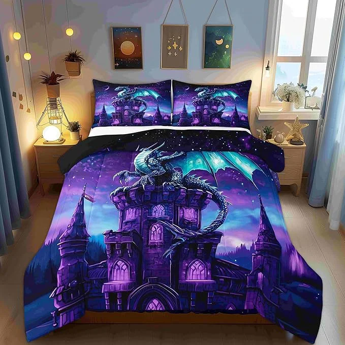 Proven Mysterious al Theme Bed Comforter Set Queen Size Western Castle Super Soft Microfiber Bedding Set for Adults Teens Dragon Wildlife Comforter Set 2 Pillowcases Excellent