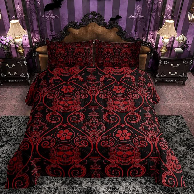 High-Quality Feelyou Adults Red Vintage Damask Floral Comforter Set Oriental Antique Comforter King Size Exotic Sugar Skull Rose Bedding Set Gothic Bohemia Boho Duvet Set Quilt Set 3Pcs Proven