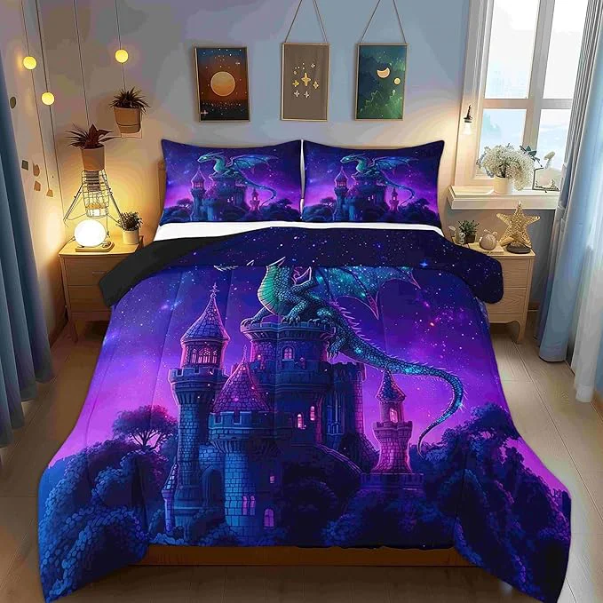 Genuine Western Dragon Boys Girls Comforter Set Castle Mysterious al Theme Duvet Set for Room Decor Fierce Wild Animals Brushed Microfiber Soft Quilt Cover Full Outstanding