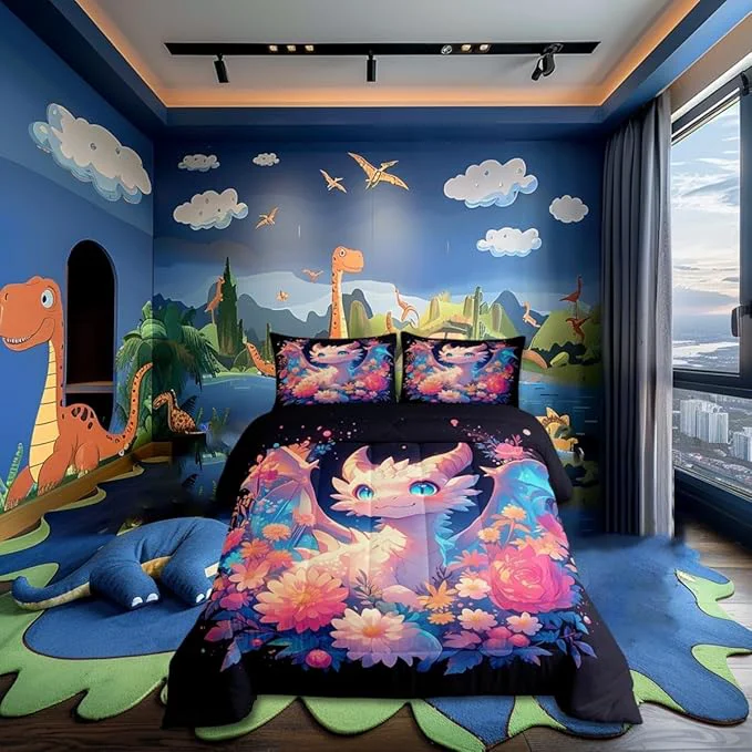 Premium Material Castle Fairy Dragon 3 Pcs Queen Size Comforter Set Watercolor Flower Down Adults Room Decor Cute Wildlife Western Animals Ultra Soft Microfiber Inner Fill 3Pcs Bedding Original Design