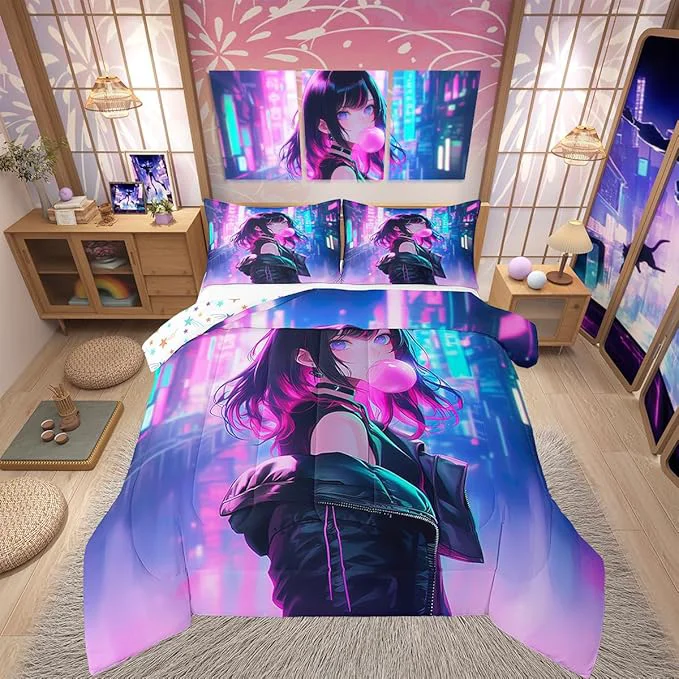 Smooth Erosebridal Anime Girl Comforter Set King Size Kawaii Japanese Anime Quilt for Kids Boys Teens Adult Cartoon Girl Bedding Set Japan Animation Bedroom Decor Machine Washable Lightweight Practical