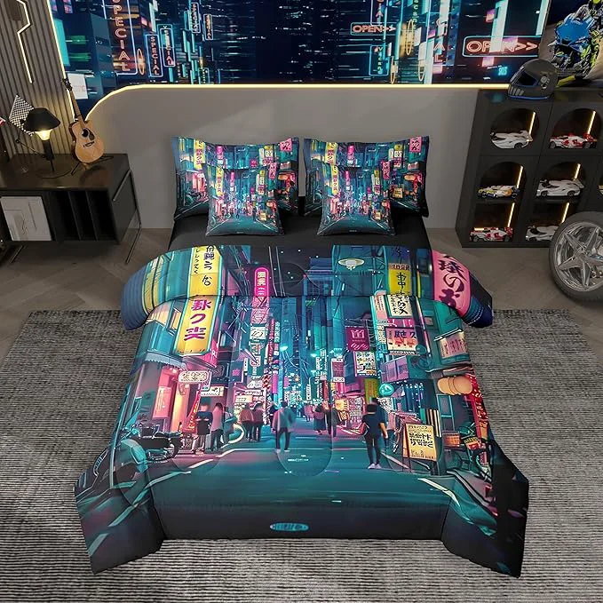 Versatile Feelyou Japanese Art Comforter Set 7 Pieces Queen Size Tokyo Anime Bedding Set for Boys Girls Japan Night City Bed in a Bag with Comforter Sheets Pillowcases amp Cushion Covers Recyclable