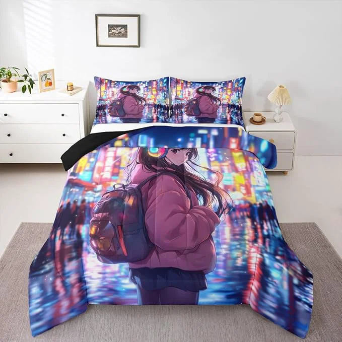 Easy-to-Use Erosebridal Cool Anime Girl Down Comforter Japanese Style Kids Queen Comforter Set 3D Cartoon Girly Anime Bedding Set Sci Fi Style Gaming Bed Set Room Decor 3 Pcs Advanced