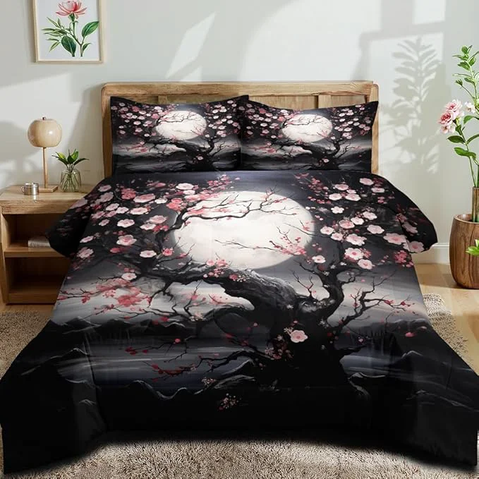 Responsible Japanese Style Cherry Blossom Comforter Set Queen Pink Cherry Blossoms Bedding Black Floral Bedding Set 3Pcs Oriental Comforter Asian Art Decorative Bedding Comforter Set for All Season Environmentally Friendly