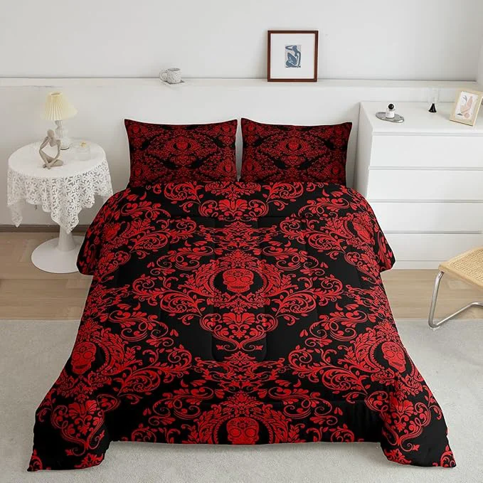 Natural Feelyou Adults Red Vintage Damask Floral Comforter Set Oriental Antique Comforter Full Size Gothic Bohemia Boho Bedding Set Exotic Sugar Skull Duvet Set Quilt Set 3Pcs Lightweight
