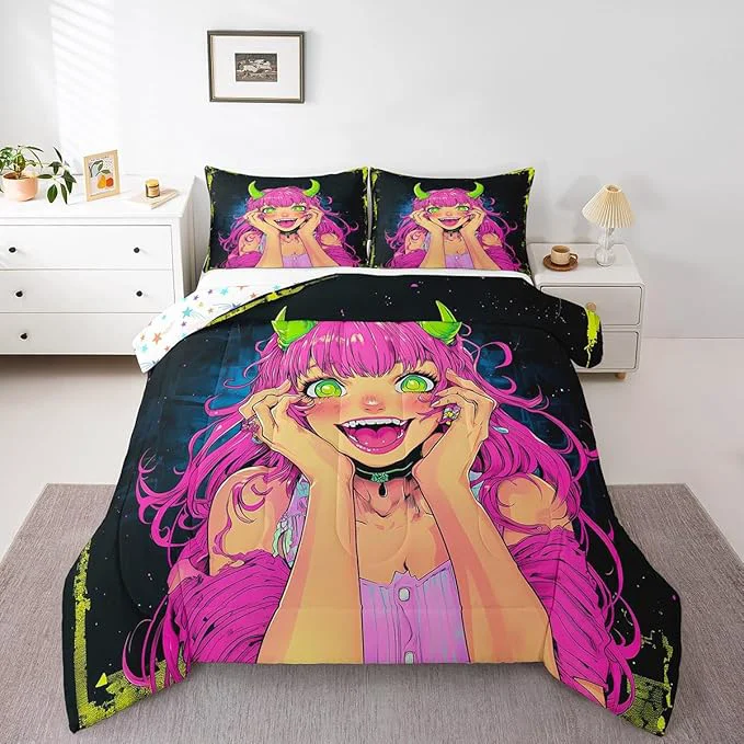 Stylish Erosebridal Anime Girl Comforter Set Toddler Size Japanese Anime Bedding Set for Kids Boys Teens Bedroom Decor Cartoon Girl Quilt Kawaii Japanese Animation Duvet Insert with 1 Pillow Case Prestigious