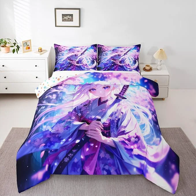 Convenient Erosebridal Anime Girl King Comforter Set for Kids Kawaii Japanese Anime Bedding Set Cartoon Girl Duvet Insert Sci Fi Style Japanese Animation Quilt for Kids Girls Teens Adult Bedroom Pure