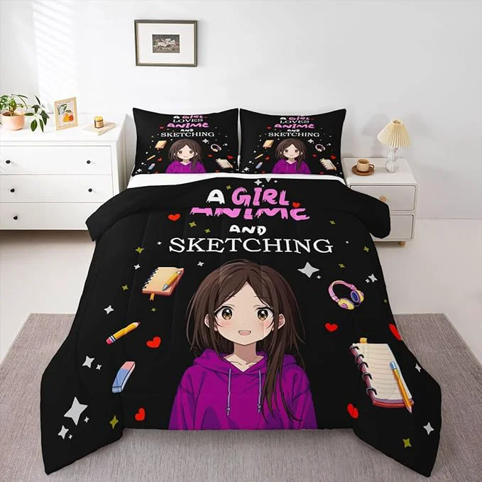 Solid Erosebridal Japanese Girl Bedding Set Anime Cartoon Twin Down Comforter Japanese Style Girly Black Comforter Set Aesthetic Cool Anime Modern Art Quilt Set for Kids Bedroom Decor Minimalist