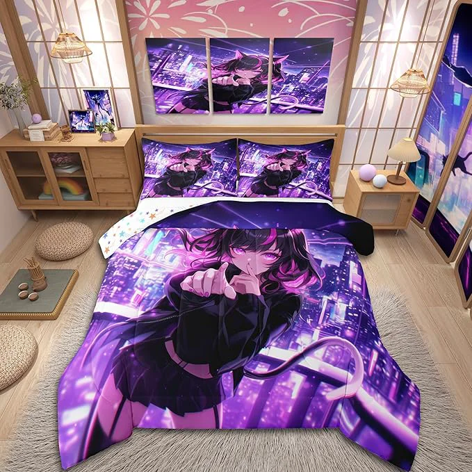 Easy-to-Use Erosebridal Kids Anime Girl King Size Bedding Set Japanese Anime Comforter Set Cartoon Girl Duvet Insert for Boys Teens Bedroom Decor Kawaii Japanese Animation Quilt with 2 Pillow Cases Clean