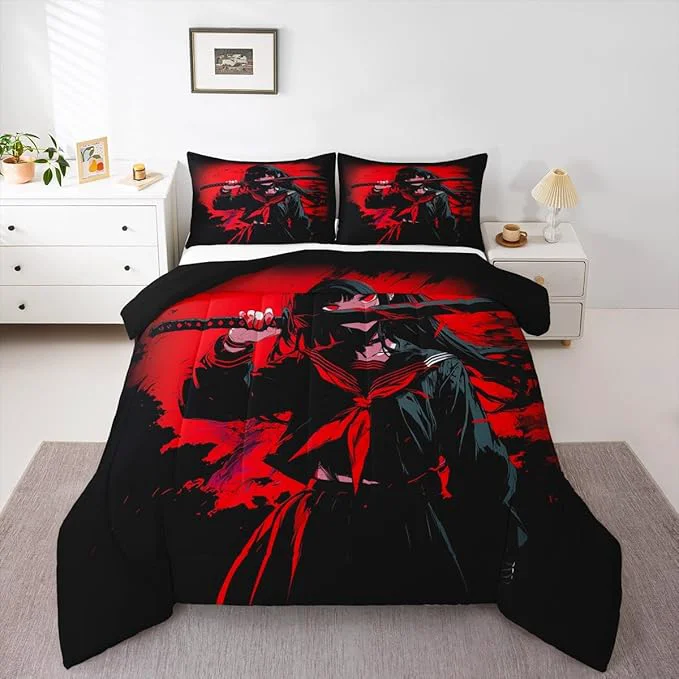 Secure Erosebridal Japanese Anime Bedding Set for Kids Anime Girl Comforter Set Full Size Japanese Girl Duvet Insert for Girls Teens Adult Room Kawaii Animation Red Black Quilt Machine Washable Optimized