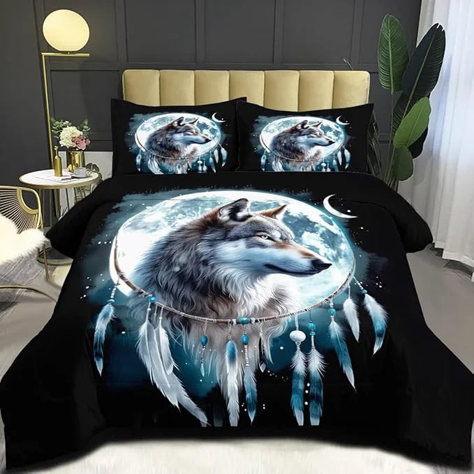 Trendy Wolf Comforter Set Queen Size Wolves Moon Bedding Set Dream Catcher amp Animal Pattern on Black Bedding Western Boho Tribal Comforter Soft Microfiber Down Quilt 3 Pieces Professional