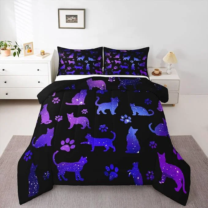 Premium Material Erosebridal Cat Comforter Set Queen Lovers Bedding Cats Cartoon Silhouette Purple Blue Reversible Black Ombre Down Neon Pets Animal Paw Print Galaxy Slitter Stars Quilt For Kids Boys Girls Multi 361 Classic